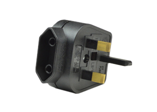 BRITISH, UK, UNITED KINGDOM 3 AMPERE-250 VOLT <font color="yellow"> TYPE G </font> PLUG ADAPTER. CONNECTS EUROPEAN CEE 7/16 "EUROPLUGS" WITH BRITISH, UK, UNITED KINGDOM BS 1363A (UK1-13R) OUTLETS, FUSED 3 AMPERE. BLACK.

<br><font color="yellow">Notes: </font> 
<br><font color="yellow">*</font> Europlug plug when inserted into #70155-BLK is a permanent connection and cannot be removed.
<br><font color="yellow">*</font> Non-grounding (2 pole-2 wire).
<br><font color="yellow">*</font> Material: Polyamide 6.
<br><font color="yellow">*</font> View related products list below for country specific plug adapters & universal European, international, worldwide plug adapters for all Countries.