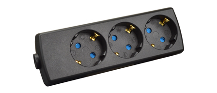 EUROPEAN SCHUKO CONNECTOR, 16 AMPERE-250 VOLT TYPE F CEE 7/3 (EU1-16R) POWER STRIP / REWIREABLE IN-LINE CONNECTOR, THREE <font color=ORANGE>(45 ANGLE)</font> OUTLETS, SHUTTERED CONTACTS, IP20 RATED, 2 POLE-3 WIRE GROUNDING (2P+E), NYLON. BLACK.

<br> <font color="yellow">Notes: </font>
<br> <font color="yellow">*</font> View print for power supply cords or use 1.5mm cordage. Max. O.D. = 10mm (0.394").
<br><font color="yellow">*</font> Select a European 16A-250V power cord.</font> <a href="https://internationalconfig.com/icc6.asp?item=81070" style="text-decoration: none">Power Cords Link</a>
<br> <font color="yellow">*</font> ROJ from cable, Strip three conductors 80mm (3.15").  
<br> <font color="yellow">*</font> Screw Torque: L + N Terminals = 0.4Nm, PE "Earth" = 0.6Nm, Cord Clamp = 0.6Nm. 
<br> <font color="yellow">*</font> Temp. Range: Nylon (PA) Temp. rating = -40C to +75C., VDE Minimum Temp. rating = -5C to +35C. 
<br> <font color="yellow">*</font> European Schuko plugs, outlets, power cords, GFCI/RCD outlets, power strips, adapters listed below. Scroll down to view.