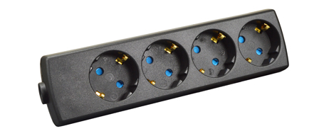 EUROPEAN SCHUKO CONNECTOR, 16 AMPERE-250 VOLT TYPE F CEE 7/3 (EU1-16R) POWER STRIP / REWIREABLE IN-LINE CONNECTOR,  FOUR <font color=ORANGE>(45 ANGLE)</font> OUTLETS, SHUTTERED CONTACTS, IP20 RATED, 2 POLE-3 WIRE GROUNDING (2P+E), NYLON. BLACK. 

<br> <font color="yellow">Notes: </font>
<br> <font color="yellow">*</font> View print for power supply cords or use 1.5mm cordage. Max. O.D. = 10mm (0.394").
<br><font color="yellow">*</font> Select a European 16A-250V power cord.</font> <a href="https://internationalconfig.com/icc6.asp?item=81070" style="text-decoration: none">Power Cords Link</a>
<br> <font color="yellow">*</font> ROJ from cable, Strip three conductors 80mm (3.15").  
<br> <font color="yellow">*</font> Screw Torque: L + N Terminals = 0.4Nm, PE "Earth" = 0.6Nm, Cord Clamp = 0.6Nm. 
<br> <font color="yellow">*</font> Temp. Range: Nylon (PA) Temp. rating = -40C to +75C., VDE Minimum Temp. rating = -5C to +35C. 
<br> <font color="yellow">*</font> European Schuko plugs, outlets, power cords, GFCI/RCD outlets, power strips, adapters listed below. Scroll down to view.