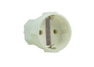 EUROPEAN SCHUKO CONNECTOR, 16 AMPERE-250 VOLT TYPE F, CEE 7/3 (EU1-16R) REWIREABLE IN-LINE CONNECTOR, 2 POLE-3 WIRE GROUNDING (2P+E), MAX. CORD O.D. = 13mm (0.510"). WHITE.  

<br><font color="yellow">Notes: </font> 
<br><font color="yellow">*</font> Temp. range = -10C to +60C. 
<br><font color="yellow">*</font> Select a European 16A-250V power cord.</font> <a href="https://internationalconfig.com/icc6.asp?item=81070" style="text-decoration: none">Power Cords Link</a> 
<br><font color="yellow">*</font> European Schuko "locking connector" #70361 is listed below. Prevents accidental disconnects.
<br><font color="yellow">*</font> European Schuko plugs, outlets, power cords, GFCI/RCD socket strips, adapters listed below in related products. Scroll down To view.