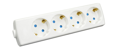 EUROPEAN SCHUKO 16 AMPERE-250 VOLT TYPE F CEE 7/3 (EU1-16R) POWER STRIP / IN-LINE CONNECTOR (REWIREABLE), FOUR <font color=ORANGE>(45� ANGLE)</font> OUTLETS, SHUTTERED CONTACTS, IP20 RATED, 2 POLE-3 WIRE GROUNDING (2P+E), NYLON. WHITE. 
<br> <font color="yellow">Notes: </font>
<br> <font color="yellow">*</font> View print for power supply cords or use 1.5mm� cordage. Max. O.D. = 10mm (0.394").
<br><font color="yellow">*</font> Select a European 16A-250V power cord.</font> <a href="https://internationalconfig.com/icc6.asp?item=81070" style="text-decoration: none">Power Cords Link</a>
<br> <font color="yellow">*</font> ROJ from cable, Strip three conductors 80mm (3.15").  
<br> <font color="yellow">*</font> Screw Torque: L + N Terminals = 0.4Nm, PE "Earth" = 0.6Nm, Cord Clamp = 0.6Nm. 
<br> <font color="yellow">*</font> Temp. Range: Nylon (PA) Temp. rating = -40�C to +75�C., VDE Minimum Temp. rating = -5�C to +35�C. 
<br> <font color="yellow">*</font> European Schuko plugs, outlets, power cords, GFCI/RCD outlets, power strips, adapters listed below. Scroll down to view.