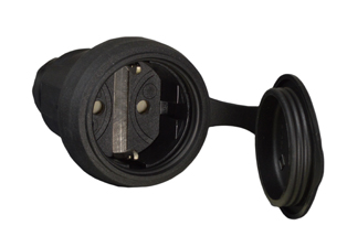 EUROPEAN SCHUKO, GERMANY CONNECTOR, (EU1-16R) 16 AMPERE-250 VOLT CEE 7/3, DIN / VDE 0620, IEC 60884 TYPE F, REWIREABLE ELAMID PLASTIC CONNECTOR, 2 POLE-3 WIRE GROUNDING (2P+E), PROTECTIVE FLIP LID COVER, IP44 RATED, IK08 RATED, VDE T RATED (IMPACT RESISTANT), SHUTTERED CONTACTS, TERMINALS ACCEPT 2.5mm CONDUCTORS, MAX. CORD O.D. = 0.492" DIA., BLACK.

<br><font color="yellow">Notes: </font> 
<br><font color="yellow">*ELAMID Plastic Material Features:</font> -40C to +80C rated, UV protection, chemical and impact resistant.

<br><font color="yellow">*</font> European, Schuko Extension Cords, Type E, F, Weatherproof IP44, GFCI/RCD versions. View: <a href="https://internationalconfig.com/icc6.asp?item=European-Extension-Cords" style="text-decoration: none">European-Extension-Cords</a>. 


<br><font color="yellow">*</font> Watertight IP68/IP66 Locking Connector available # <a href="https://internationalconfig.com/icc6.asp?item=70361" style="text-decoration: none">70361</a>. Locking design also prevents accidental disconnect.
 
 