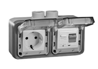 EUROPEAN SCHUKO 16 AMPERE-230 VOLT CEE 7/3 <font color="yellow">GFCI (RCBO/RCD)</font> OUTLET, TYPE F (EU1-16R), 50/60 Hz, <font color="yellow">(30mA TRIP)</font>, IP55 RATED WEATHERPROOF BOX AND COVER, M20 CABLE ENTRY HUBS (**), HORIZONTAL SURFACE MOUNT, 2 POLE-3 WIRE GROUNDING (2P+E). GRAY.
  
<BR><font color="yellow">Notes:</font>
<BR><font color="yellow">**</font>  M20 adapter #01614 available. Converts M20 to 1/2 inch National Pipe Thread (NPT). 
<BR><font color="yellow">*</font> Downstream outlets can be protected. Use on single phase 230 volt circuits only.
<BR><font color="yellow">*</font> Latched RCD, No reset after power failure. RCBO (single pole + neutral) provides over current protection.
<BR><font color="yellow">*</font> Screw terminal torque = 0.08Nm. Operating temp. = -5C to +40C. 
<BR><font color="yellow">*</font> Weatherproof IP66 rated outlets listed below. Scroll down to view.
<BR> <font color="yellow">*</font> Not for use on life support, medical equipment, refrigeration equipment.  
<BR><font color="yellow">*</font> GFCI (RCBO/RCD) outlets are available for all countries. Contact us.  
