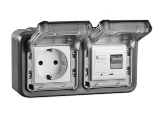 EUROPEAN SCHUKO 16 AMPERE-230 VOLT CEE 7/3 <font color="yellow">GFCI (RCBO/RCD)</font> OUTLET, TYPE F (EU1-16R), 50/60 Hz, <font color="yellow">(10mA TRIP)</font>, HORIZONTAL SURFACE MOUNT, IP55 RATED WEATHERPROOF BOX AND COVER (GLAND TYPE CABLE ENTRY), 2 POLE-3 WIRE GROUNDING (2P+E). GRAY.

<BR><font color="yellow">Notes:</font>
<BR><font color="yellow">*</font> Downstream outlets can be protected. Use on single phase 230 volt circuits only.
<BR><font color="yellow">*</font> Latched RCD, No reset after power failure. RCBO (single pole + neutral) provides over current protection.
<BR><font color="yellow">*</font> Screw terminal torque = 0.08Nm. Operational temp. = -5C to +40C. 
<BR><font color="yellow">*</font> Weatherproof IP66 rated outlets listed below. Scroll down to view.
<BR> <font color="yellow">*</font> Not for use on life support, medical equipment, refrigeration equipment.  
 <BR><font color="yellow">*</font> GFCI (RCBO/RCD) outlets are available for all countries. Contact us.  
