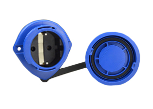 EUROPEAN SCHUKO LOCKING 16 AMPERE-250 VOLT CEE 7/3 (EU1-16R) TYPE F, IP66 / IP68 WATERTIGHT OUTLET (WITH GASKET), PANEL OR WALL BOX MOUNT, SHUTTERED CONTACTS, 2 POLE-3 WIRE GROUNDING (2P+E). BLUE.    <br><font color="yellow">Notes: </font>   <br><font color="yellow">*</font> # 70300 Outlet locks onto Watertight Plug # <a href="https://internationalconfig.com/icc6.asp?item=70341-N" style="text-decoration: none">70341-N </a>. Prevents accidental disconnects.      <br><font color="yellow">*</font> # 70300 Outlet locks onto Watertight Plug # <a href="https://internationalconfig.com/icc6.asp?item=71441" style="text-decoration: none">71441</a>. Prevents accidental disconnects.   
<br><font color="yellow">*</font> European Schuko Watertight Extension cords available. View # <a href="https://internationalconfig.com/icc6.asp?item=70025" style="text-decoration: none"> 70025.</a> 
<br><font color="yellow">*</font> Temp. range = -5C to +40C. 

<br><font color="yellow">*</font> Wall plate <font color="orange"> # 97125-WP </font>  available for mounting European Schuko # 70300 outlet or France / Belgium # 71125 outlet on American 2x4 wall boxes. Outlets IP66, IP68 watertight ratings not maintained when used with # 97125-WP.
    

 <br><font color="yellow">*</font> France / Belgium IP66, IP68, locking / watertight outlets, plugs, connectors for all countries are listed below in related products. Scroll down to view.     
