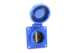 EUROPEAN SCHUKO LOCKING 16 AMPERE-250 VOLT CEE 7/3 (EU1-16R) TYPE F, IP66 / IP68 WATERTIGHT OUTLET (WITH GASKET), SHUTTERED CONTACTS, PANEL OR BOX MOUNT, 2 POLE-3 WIRE GROUNDING (2P+E). BLUE.     <br><font color="yellow">Notes: </font>     <br><font color="yellow">*</font> # 70310-NS Outlet locks onto Watertight Plug # <a href="https://internationalconfig.com/icc6.asp?item=70341-N" style="text-decoration: none">70341-NS </a>. Prevents accidental disconnects.      <br><font color="yellow">*</font> # 70310-NS Outlet locks onto Watertight Plug # <a href="https://internationalconfig.com/icc6.asp?item=71441" style="text-decoration: none">71441</a>. Prevents accidental disconnects.   
<br><font color="yellow">*</font> European Schuko Watertight Extension cords available. View # <a href="https://internationalconfig.com/icc6.asp?item=70025" style="text-decoration: none"> 70025.</a>  <br><font color="yellow">*</font> Temp. range = -5C to +40C.  <br><font color="yellow">*</font> Surface mount applications = Use # 71325,71320,71322 wall boxes listed below in related products.          
  <br><font color="yellow">*</font> France / Belgium IP66, IP68, locking / watertight outlets, plugs, connectors for all countries are listed below in related products. Scroll down to view.
