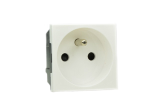 FRANCE, BELGIUM CEE 7/5, 16 AMPERE-250 VOLT TYPE E (FR1-16R) MODULAR OUTLET, SHUTTERED CONTACTS, 45mmX45Mmm SIZE, SNAP-IN MOUNTING, 2 POLE-3 WIRE GROUNDING (2P+E). WHITE. 

<br><font color="yellow">Notes: </font> 
<br><font color="yellow">*</font> CEE 7/7 European Schuko type plugs & power cords connect with France / Belgium outlets, sockets, connectors.
<br><font color="yellow">*</font> Mounts on American 2X4 wall boxes, requires frame # 79120X45-N & # 79130X45-N wall plate (White, Black, ALU, SS). 
<br> <font color="yellow">*</font> Mounts on American 4X4 wall boxes, requires frame # 79210X45-N & # 79220X45-N wall plate (White, SS).<br><font color="yellow">*</font> Mounts on European wall boxes (60mm on center), requires frame # 79250X45-N & wall plate # 79265X45-N.
<br><font color="yellow">*</font> Surface mount insulated wall boxes # 680602X45 series. Surface mount Metal wall boxes # 79235X45 series.
<br><font color="yellow">*</font> Surface mount weatherproof, IP66 rated. Requires frame # 730092X45 & # 74790X45 wall box.
<br><font color="yellow">*</font> Panel mount frames # 79100X45, # 79100X45-ALU. DIN rail mount Frame # 79595X45. <a href="https://www.internationalconfig.com/catalog_pages/pg94.pdf" style="text-decoration: none" target="_blank"> Panel Mount Instruction Guide</a>
<br><font color="yellow">*</font> Complete range of modular devices and mounting component options. <a href="https://www.internationalconfig.com/modular_electrical_devices.asp" style="text-decoration: none">Modular Devices Link</a>
 <br><font color="yellow">*</font> Wall plates, boxes, outlets, switches, modular GFCI/RCD and circuit breakers are listed below. Scroll down to view.
