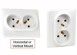 FRANCE, BELGIUM 16 AMPERE-250 VOLT TYPE E CEE 7/5 (FR1-16R) DUPLEX OUTLET, PANEL MOUNT OR WALL BOX MOUNT, 2 POLE-3 WIRE GROUNDING. WHITE. 

<br><font color="yellow">Notes: </font> 
<br><font color="yellow">*</font> Mounts on European wall boxes with 60mm (60.3mm) centers or panel mount.
<br><font color="yellow">*</font> France, Belgium "locking" outlets #71125, #71130 available. Prevents accidental disconnects.
<br><font color="yellow">*</font> All CEE 7/7 European Schuko type plugs & power cords connect with France / Belgium outlets, sockets, connectors.
<br><font color="yellow">*</font> France, Belgium plugs, outlets, power cords, connectors, power strips, GFCI sockets listed below in related products. Scroll down to view.