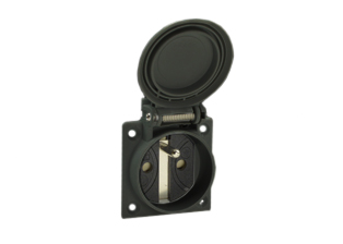 FRANCE, BELGIUM 16 AMPERE-250 VOLT WEATHERPROOF OUTLET (WITH GASKET), CEE 7/5 TYPE E (FR1-16R), (IP54 COVER CLOSED - IP20 COVER OPEN), PANEL OR WALL BOX MOUNT, "SHUTTERED CONTACTS", 2 POLE-3 WIRE GROUNDING (2P+E). BLACK.

<br><font color="yellow">Notes: </font> 
<br><font color="yellow">*</font> Stainless steel wall plates #97120-BZ and #97120-DBZ mounts outlet onto American 2x4 and 4x4 wall boxes.
<br><font color="yellow">*</font> For surface mount applications use #70125 wall box.
<br><font color="yellow">*</font> For DIN rail mount use #70125-DIN bracket with #70125 wall box.
<br><font color="yellow">*</font> Optional panel mount terminal shield #70127 available.
<br><font color="yellow">*</font> France, Belgium "locking" outlets #71125, #71130 available. Prevents accidental disconnects.
<br><font color="yellow">*</font> France, Belgium plugs, outlets, connectors, power cords, socket strips, GFCI (RCD) outlets are listed below in related products. Scroll down to view.
