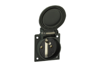 FRANCE, BELGIUM 16 AMPERE-250 VOLT WEATHERPROOF OUTLET (WITH GASKET), CEE 7/5 TYPE E (FR1-16R), (IP54 COVER CLOSED - IP20 COVER OPEN), PANEL OR WALL BOX MOUNT, "SHUTTERED CONTACTS", 2 POLE-3 WIRE GROUNDING (2P+E). BLACK.

<br><font color="yellow">Notes: </font> 
<br><font color="yellow">*</font> Stainless steel wall plates #97120-BZ and #97120-DBZ mounts outlet onto American 2x4 and 4x4 wall boxes.
<br><font color="yellow">*</font> For surface mount applications use #70125 wall box.
<br><font color="yellow">*</font> For DIN rail mount use #70125-DIN bracket with #70125 wall box.
<br><font color="yellow">*</font> Optional panel mount terminal shield #70127 available.
<br><font color="yellow">*</font> France, Belgium "locking" outlets #71125, #71130 available. Prevents accidental disconnects.
<br><font color="yellow">*</font> France, Belgium plugs, outlets, connectors, power cords, socket strips, GFCI (RCD) outlets are listed below in related products. Scroll down to view.
