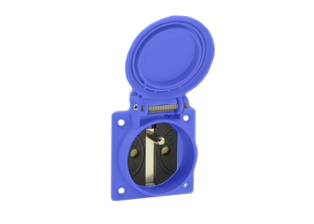 FRANCE, BELGIUM 16 AMPERE-250 VOLT WEATHERPROOF OUTLET (WITH GASKET), CEE 7/5 TYPE E (FR1-16R), (IP54 COVER CLOSED - IP20 COVER OPEN), PANEL OR WALL BOX MOUNT, "SHUTTERED CONTACTS", 2 POLE-3 WIRE GROUNDING (2P+E). BLUE.

<br><font color="yellow">Notes: </font> 
<br><font color="yellow">*</font> Stainless steel wall plates #97120-BZ and #97120-DBZ mounts outlet onto American 2x4 and 4x4 wall boxes.
<br><font color="yellow">*</font> For surface mount applications use #70125 wall box.
<br><font color="yellow">*</font> For DIN rail mount use #70125-DIN bracket with #70125 wall box.
<br><font color="yellow">*</font> Optional panel mount terminal shield #70127 available.
<br><font color="yellow">*</font> France, Belgium "locking" outlets #71125, #71130 available. Prevents accidental disconnects.
<br><font color="yellow">*</font> France, Belgium plugs, outlets, connectors, power cords, socket strips, GFCI (RCD) outlets are listed below in related products. Scroll down to view.

