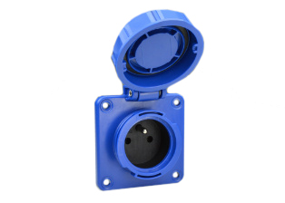 FRANCE / BELGIUM LOCKING (*) 16 AMPERE-250 VOLT CEE 7/5 (FR1-16R) TYPE E IP66 / IP68 WATERTIGHT OUTLET (WITH GASKET), SHUTTERED CONTACTS, PANEL OR WALL BOX MOUNT, 2 POLE-3 WIRE GROUNDING (2P+E). BLUE. 

<br><font color="yellow">Notes: </font> 
<br><font color="yellow">*</font> Temp. range = -5�C to +35�C.
<br><font color="yellow">*</font> *Locking and watertight when connected with #71341, #70341-N plugs. Twist type locking collar locks / seals connection. Prevents accidental disconnects.
<br><font color="yellow">*</font> For surface mount applications use #71325 wall box.
<br><font color="yellow">*</font>  European Schuko IP66, IP68, locking / watertight outlets, plugs, connectors and IP44, IP54 International / Worldwide panel mount / wall box mount power outlets for all countries are listed below in related products. Scroll down to view.
 
 