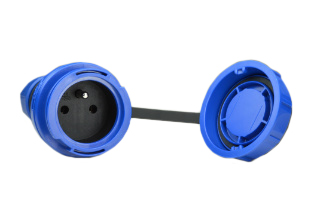 FRANCE, BELGIUM LOCKING (*) 16 AMPERE-250 VOLT CEE 7/5 (FR1-16R) TYPE E IP66 / IP68 WATERTIGHT IN-LINE CONNECTOR, 2 POLE-3 WIRE GROUNDING (2P+E). BLUE. 

<br><font color="yellow">Notes: </font> 
<br><font color="yellow">*</font> Temp. range = -5�C to +35�C.
<br><font color="yellow">*</font> *Locking and watertight when connected with #71341, #70341-N plugs. Twist type locking collar locks / seals connection. Prevents accidental disconnects.
<br><font color="yellow">*</font> Terminals accept 12AWG (4.0mm) conductors, Max. cord grip = 0.235-0.750".
<br><font color="yellow">*</font> European Schuko IP66, IP68, locking / watertight outlets, plugs, connectors and IP44, IP54 International / Worldwide panel mount / wall box mount power outlets for all countries are listed below in related products. Scroll down to view