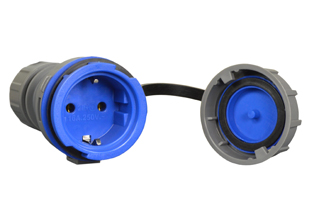 EUROPEAN SCHUKO CONNECTOR, 16 AMPERE 220-250 VOLT, 50/60 Hz, IP68 RATED WATERTIGHT REWIREABLE LOCKING CONNECTOR, CEE 7/3 TYPE F (EU1-16R), 2 POLE-3 WIRE GROUNDING (2P+E). GRAY / BLUE.    

<br><font color="yellow">Notes: </font>      
<br><font color="yellow">*</font> # 71445 Watertight Connector Locks onto Schuko Plug # <a href="https://internationalconfig.com/icc6.asp?item=71441" style="text-decoration: none">71441</a>. Prevents accidental disconnects.         
<br><font color="yellow">*</font> # 71445 Watertight Connector Locks onto Schuko Plug # <a href="https://internationalconfig.com/icc6.asp?item=70341-N" style="text-decoration: none">70341-N </a>. Prevents accidental disconnects.     
<br><font color="yellow">*</font> # 71445 Watertight Connector Locks onto France / Belgium Plug, # <a href="https://internationalconfig.com/icc6.asp?item=71341" style="text-decoration: none">71341 </a>. Prevents accidental disconnects.       <br><font color="yellow">*</font> Cord grip range = 8-16mm (0.315-0.629"), Terminal torque = 3Nm max. Material: PA6 (Nylon) Temp. Range:-40C to +80C. 
<br><font color="yellow">*</font> European Schuko Watertight Extension cords available. View # <a href="https://internationalconfig.com/icc6.asp?item=72025" style="text-decoration: none"> 72025.</a> 


<br><font color="yellow">*</font> European Schuko IP68, locking / watertight outlets, plugs, connectors for all countries. Scroll down to view.
