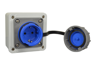 EUROPEAN SCHUKO 16 AMPERE 220-250 VOLT, 50/60 Hz, IP68 RATED WATERTIGHT SURFACE MOUNT LOCKING OUTLET CEE 7/3 TYPE F (EU1-16R), 2 POLE-3 WIRE GROUNDING (2P+E). GRAY / BLUE.    <br><font color="yellow">Notes: </font> 
<br><font color="yellow">*</font> Includes one PG16 cable strain relief. Additional PG16 cable strain reliefs use Part # <a href="https://internationalconfig.com/icc6.asp?item=20516-GRY" style="text-decoration: none">20516-GRY</a>.
<br><font color="yellow">*</font> Box has four PG16 entry, exit points. One on top side, one on bottom side of box and two on bottom base of the box. 
<br><font color="yellow">*</font> # 71447 Outlet locks onto Watertight Plug # <a href="https://internationalconfig.com/icc6.asp?item=71441" style="text-decoration: none">71441</a>. Prevents accidental disconnects.      <br><font color="yellow">*</font> # 71447 Outlet locks onto Watertight Plug # <a href="https://internationalconfig.com/icc6.asp?item=70341-N" style="text-decoration: none">70341-N</a>. Prevents accidental disconnects.       <br><font color="yellow">*</font> Terminal torque = 3Nm max. Material: PA6 (Nylon) Temp. Range:-40C to +80C.     
<br><font color="yellow">*</font> European Schuko Watertight Extension cords available. View # <a href="https://internationalconfig.com/icc6.asp?item=72025" style="text-decoration: none"> 72025.</a> 
<br><font color="yellow">*</font> European German Schuko IP68, locking / watertight outlets, plugs, connectors for all countries. Scroll down to view.     
