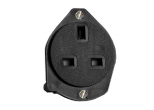 BRITISH, UNITED KINGDOM 13 AMPERE-250 VOLT PANEL MOUNT OUTLET (UK1-13R), BS 1363A TYPE G SOCKET, SHUTTERED CONTACTS, BACK WIRED, 2 POLE-3 WIRE GROUNDING (2P+E). BLACK. 

<br><font color="yellow">Notes: </font> 
<br><font color="yellow">*</font> Face Dia. = 50mm. 
<br><font color="yellow">*</font> British, United Kingdom plugs, power cords, outlets, power strips, GFCI-RCD receptacles, sockets, connectors, extension cords, plug adapters listed below in related products. Scroll down to view.

 