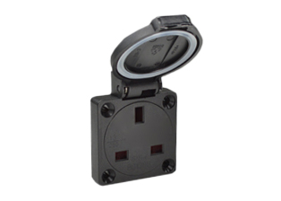 UNITED KINGDOM, UK, BRITISH 13 AMPERE-250 VOLT BS 1363A TYPE G OUTLET (UK1-13R), PANEL OR WALL BOX MOUNT, (IP54 RATED COVER CLOSED) WEATHERPROOF SOCKET WITH GASKET, SHUTTERED CONTACTS, "T" MARK - IMPACT RESISTANT, 2 POLE-3 WIRE GROUNDING (2P+E). BLACK.

<br><font color="yellow">Notes: </font> 
<br><font color="yellow">*</font> Recommended terminal torque = 0.33Nm-0.50Nm.
<br><font color="yellow">*</font> Stainless steel wall plates #97120-BZ and #97120-DBZ mounts outlet onto standard American 2X4 and 4X4 wall boxes.
<br><font color="yellow">*</font> Not for use with #70125 wall box.
<br><font color="yellow">*</font> Optional panel mount terminal shield #70127 available.
<br><font color="yellow">*</font> British, United Kingdom plugs outlets, connectors, power cords, socket strips, GFCI (RCD) outlets are listed below in related products. Scroll down to view.