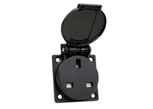 UNITED KINGDOM, UK, BRITISH 13 AMPERE-250 VOLT WEATHERPROOF PANEL OR WALL BOX MOUNT OUTLET WITH GASKET (IP54 COVER CLOSED), BS 1363A TYPE G SOCKET (UK1-13R), SHUTTERED CONTACTS, 2 POLE-3 WIRE GROUNDING (2P+E). BLACK.

<br><font color="yellow">Notes: </font> 
<br><font color="yellow">*</font> Stainless steel wall plates #97120-BZ and #97120-DBZ mounts outlet onto standard American 2X4 and 4X4 wall boxes.
<br><font color="yellow">*</font> For surface mount applications use #70125 wall box.
<br><font color="yellow">*</font> For DIN rail mount use #70125-DIN bracket with #70125 wall box.
<br><font color="yellow">*</font> Optional panel mount terminal shield #70127 available.
<br><font color="yellow">*</font> British, United kingdom plugs outlets, connectors, power cords, socket strips, GFCI (RCD) outlets are listed below in related products. Scroll down to view.