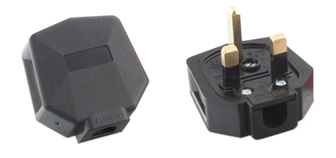UK, BRITISH, SAUDI-ARABIA, GULF STATES PLUG, 13 AMPERE-250 VOLT, IMPACT RESISTANT (UK1-13P), BS 1363A, SS 145A, MS 589-1 TYPE G PLUG, 13 AMPERE FUSE (BS 1362, SS 167), REWIREABLE RUBBER ANGLE PLUG, 2 POLE-3 WIRE GROUNDING (2P+E). BLACK. 
<br><font color="yellow">ASTA, GULF STATES ("G" MARK) APPROVED.</font>

<br><font color="yellow">Notes: </font> 
<br><font color="yellow">*</font> Max. Cord O.D. = 0.433" (11mm).
<br><font color="yellow">*</font> Material = Rubber, ABS/PC.
<br><font color="yellow">*</font> British, UK plugs available with 3A, 5A, 10A, 13A fuses.
<br><font color="yellow">*</font> British, United Kingdom plugs, power cords, outlets, power strips, GFCI-RCD receptacles, sockets, connectors, extension cords, plug adapters listed below in related products. Scroll down to view.
 