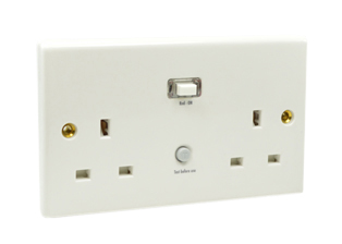 BRITISH, UNITED KINGDOM 13 AMPERE-230 VOLT, 50Hz, <font color="yellow"> GFCI [RCD] DUPLEX OUTLET, </font> [UK1-13R],  <font color="yellow">30mA TRIP</font>, BS 1363 TYPE G SOCKETS, SHUTTERED CONTACTS, (86mmX146mm) SIZE, PANEL MOUNT, WALL BOX MOUNT, IP40, 2 POLE-3 WIRE GROUNDING [2P+E]. WHITE.

<BR> <font color="yellow"> Notes:</font>
<BR> <font color="yellow">*</font> Outlet mounts on European, British wall boxes with 120mm (120.6mm) centers.
<br> <font color="yellow">*</font> Passive design [automatic reset], will not trip on power failure.
<br> <font color="yellow">*</font> RCD contact break: Double pole.
<br> <font color="yellow">*</font> Trip speed: Less than 20ms.
<br> <font color="yellow">*</font> LED Power indicator.
<BR> <font color="yellow">*</font> European wall boxes available #72355X47D, 72355X35D, 72355X25D, 72355-F, 72365, 72365-RED.
<BR> <font color="yellow">*</font> Weatherproof enclosure available #74790-B2 [IP66 rated], cover closes & locks over down angle plugs [Not all plug variations].  
<BR> <font color="yellow">*</font> Weatherproof cover available #74790-DX [IP54 rated], weatherproofs outlets only [less mating plugs]. Contact sales for details.
 
<BR> <font color="yellow">*</font> British, United Kingdom power cords, plugs, GFCI-RCD outlets, connectors, socket strips, extension cords, plug adapters listed below in related products. Scroll down to view.