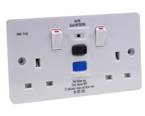 BRITISH, UNITED KINGDOM 13 AMPERE-230 VOLT, 50Hz, <font color="yellow"> GFCI [RCD] DUPLEX OUTLET, </font> [UK1-13R], <font color="yellow"> 10mA TRIP</font>, BS 1363 TYPE G SOCKETS, SHUTTERED CONTACTS (86mmX146mm)SIZE, PANEL MOUNT, WALL BOX MOUNT, 2 POLE-3 WIRE GROUNDING [2P+E]. WHITE.

<BR> <font color="yellow"> Notes:</font>
<BR> <font color="yellow">*</font> Outlet mounts on European, British wall boxes with 120mm (120.6mm) centers.

<BR> <font color="yellow">*</font> European wall boxes available  # 72355X47D, 72355X35D, 72355X25D, 72355-F, 72365, 72365-RED.
<br> <font color="yellow">*</font> Passive design [automatic reset], will not trip on power failure.
<BR> <font color="yellow">*</font> Weatherproof enclosure available # 74790-B2 [IP66 rated], cover closes & locks over down angle plugs [Not all plug variations].  
<BR> <font color="yellow">*</font> Weatherproof cover available # 74790-DX [IP54 rated], weatherproofs outlets only [less mating plugs]. Contact sales for details.
 
<BR> <font color="yellow">*</font> British, United Kingdom power cords, plugs, GFCI-RCD outlets, connectors, socket strips, extension cords, plug adapters listed below in related products. Scroll down to view.