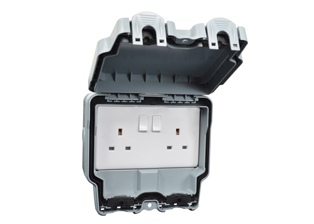 WEATHERPROOF IP66 RATED DUPLEX RECEPTACLE, 13 AMPERE-250 VOLT, TYPE G, UK1-13R, SURFACE MOUNT WALL BOX (IP66 RATED COVER CLOSED**), DOUBLE POLE SWITCHES, SHUTTERED CONTACTS, 2 POLE-3 WIRE GROUNDING (2P+E). GRAY.

<BR><font color="yellow"> Notes:</font>
<BR><font color="yellow">**</font> WP cover can be closed & locked over down angle plugs (not all angle plug variations). 
<BR><font color="yellow">*</font> M20 knockout type cable entries [expandable to M25] - 8 places [top, bottom, sides].
<BR><font color="yellow">*</font> M20 cutout type cable entry [expandable to M25] - 1 place [back].
<BR><font color="yellow">*</font> Material = UV stabilized PC, Temp. rating = -5C to +40C.
<BR><font color="yellow">*</font> Mating receptacles, sockets, outlets are listed below in related products. Scroll down to view.


 