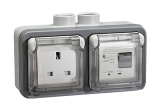 BRITISH, UNITED KINGDOM BS 1363, SAUDIA ARABIA SASO 2203 13 AMPERE-230 VOLT <font color="yellow">GFCI RCBO/RCD</font> OUTLET, TYPE G (UK1-13R, SA1-13R), 50/60 Hz, <font color="yellow"> 10mA TRIP</font>, SHUTTERED CONTACTS, WEATHERPROOF, IP55 RATED, HORIZONTAL SURFACE MOUNT WALL BOX, (<font color="yellow">**</font>) M20 HUB TYPE CABLE ENTRIES, CLEAR LIFT LID COVERS, 2 POLE-3 WIRE GROUNDING (2P+E). GRAY. 

<BR><font color="yellow">Notes:</font>
<BR><font color="yellow">**</font> M20 adapter #01614 available. Converts M20 to 1/2 inch National Pipe Thread (NPT). 
<BR><font color="yellow">*</font> Downstream outlets can be protected. Use on single phase 230 volt circuits only.
<BR><font color="yellow">*</font> Latched RCD, No reset after power failure. RCBO (single pole + neutral) provides over current protection.
<BR><font color="yellow">*</font> Screw terminal torque = 0.08Nm. Operating temp. = -5C to +40C. 
<BR><font color="yellow">*</font> Weatherproof IP66 rated outlets listed below. Scroll down to view.
<BR><font color="yellow">*</font> GFCI RCBO/RCD outlets are available for all countries. Contact us.  

