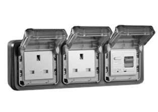 BRITISH, UNITED KINGDOM BS 1363, SAUDIA ARABIA SASO 2203 13 AMPERE-230 VOLT <font color="yellow">GFCI RCBO/RCD</font> DUPLEX OUTLET, TYPE G (UK1-13R, SA1-13R), 50/60 Hz, <font color="yellow"> 30mA TRIP</font>, SHUTTERED CONTACTS, WEATHERPROOF, IP55 RATED, HORIZONTAL SURFACE MOUNT WALL BOX, GLAND TYPE CABLE ENTRY, CLEAR LIFT LID COVERS, 2 POLE-3 WIRE GROUNDING (2P+E). GRAY.

<BR><font color="yellow">Notes:</font>
<BR><font color="yellow">*</font> Downstream outlets can be protected. Use on single phase 230 volt circuits only.
<BR><font color="yellow">*</font> Latched RCD, No reset after power failure. RCBO (single pole + neutral) provides over current protection.
<BR><font color="yellow">*</font> Screw terminal torque = 0.08Nm. Operating temp. = -5C to +40C. 
<BR><font color="yellow">*</font> Weatherproof IP66 rated outlets listed below. Scroll down to view.
<BR><font color="yellow">*</font> GFCI RCBO/RCD outlets are available for all countries. Contact us.  