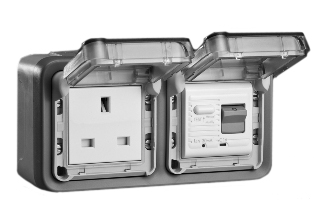 BRITISH, UNITED KINGDOM BS 1363, SAUDIA ARABIA SASO 2203 13 AMPERE-230 VOLT <font color="yellow">GFCI RCBO/RCD</font> OUTLET, TYPE G (UK1-13R, SA1-13R), 50/60 Hz, <font color="yellow"> 10mA TRIP</font>, SHUTTERED CONTACTS, WEATHERPROOF, IP55 RATED, HORIZONTAL SURFACE MOUNT WALL BOX, GLAND TYPE CABLE ENTRY, CLEAR LIFT LID COVERS, 2 POLE-3 WIRE GROUNDING (2P+E). GRAY.

<BR><font color="yellow">Notes:</font>
<BR><font color="yellow">*</font> Downstream outlets can be protected. Use on single phase 230 volt circuits only.
<BR><font color="yellow">*</font> Latched RCD, No reset after power failure. RCBO (single pole + neutral) provides over current protection.
<BR><font color="yellow">*</font> Screw terminal torque = 0.08Nm. Operating temp. = -5C to +40C. 
<BR><font color="yellow">*</font> Weatherproof IP66 rated outlets listed below. Scroll down to view.
<BR><font color="yellow">*</font> GFCI RCBO/RCD outlets are available for all countries. Contact us.  