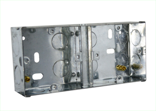 EUROPEAN, BRITISH, INTERNATIONAL FLUSH MOUNT GALVANIZED STEEL "DUAL" DOUBLE GANG ELECTRICAL WALL BOX, <font color="yellow">(35mm DEEP)</font>, INTERNAL BOX DIVIDER / WIRING SHIELD (REMOVABLE), "TWO EARTH" TERMINALS, 20mm KNOCKOUTS.

<br><font color="yellow">Notes: </font> 
<BR><font color="yellow">*</font> Accepts TWO 86mmX86mm size devices with 60mm (60.3mm) mounting centers. <br><font color="yellow">*</font> Verify mating product(s) depth dimension for compatibility with # 72355X35DDG wall box.
<br><font color="yellow">*</font> # 72355X35DDG wall box accepts "two" 86mmX86mm <font color="yellow"> square design </font> one gang outlets, switches, components.
<br><font color="yellow">*</font> Verify mating product(s) design, size, depth dimension for compatibility with # 72355X35DDG wall box.

<br><font color="yellow">*</font> Wall box also accepts International modular type devices. View outlets, switches, GFCI / RCD options. <a href="https://www.internationalconfig.com/modular_electrical_devices.asp" style="text-decoration: none">Modular Devices Link</a>

 <br><font color="yellow">*</font> British, United Kingdom plugs, power cords, outlets, power strips, GFCI-RCD receptacles, sockets, connectors, listed below in related products. Scroll down to view.
 

 

 