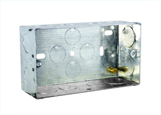 EUROPEAN, BRITISH, INTERNATIONAL TWO GANG FLUSH MOUNT GALVANIZED STEEL ELECTRICAL WALL BOX, <br><font color="yellow">(47mm DEEP)</font>, "EARTH" TERMINAL, ADJUSTABLE MOUNTING LUG (LEVELS DEVICE & WALL PLATE), 20mm & 25mm KNOCKOUTS.
 
<br><font color="yellow">Notes: </font> 
<br><font color="yellow">*</font> Accepts 86mmX146mm Size Sockets, Outlets, Switches, Devices with 120mm (120.6mm) mounting centers.
<br><font color="yellow">*</font> Verify mating product(s) depth dimension for compatibility with # 72355X47D wall box.
<br><font color="yellow">*</font> Other wall boxes available, view # 72355X35D, 72355X25D, 72355X47D..
<br><font color="yellow">*</font> Surface mount modular device wall boxes # 79235X45, 79230X45.
<br><font color="yellow">*</font> British, United Kingdom plugs, power cords, outlets, power strips, GFCI-RCD receptacles, sockets, connectors, extension cords, plug adapters listed below in related products. Scroll down to view.
 