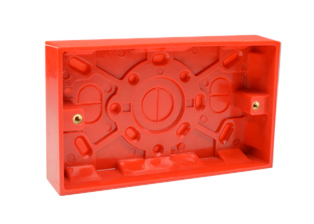 EUROPEAN, INTERNATIONAL, BRITISH, UNITED KINGDOM SURFACE MOUNT TWO GANG WALL BOX. RED. BOX HEIGHT (30mm), BOX DEPTH, <br><font color="yellow">(25mm DEEP)</font>.

 
<br><font color="yellow">Notes: </font> 
<br><font color="yellow">*</font> Accepts 86mmX146mm Size Sockets, Outlets, Switches, Devices with 120mm (120.6mm) mounting centers. 
 
<br><font color="yellow">*</font> Verify mating product(s) depth dimension for compatibility with # 72365-RED wall box.


<br><font color="yellow">*</font> Surface mount modular device <font color="yellow">steel</font> wall box available. View # 79230X45.

 <br><font color="yellow">*</font> Surface mount modular device <font color="yellow">insulated</font> wall boxes available. View # 680604X45 type. Weatherproof view # 684628X45 type.

 <br><font color="yellow">*</font> British, United Kingdom plugs, power cords, outlets, power strips, GFCI-RCD receptacles, sockets, connectors, listed below in related products. Scroll down to view.
 
