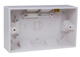 EUROPEAN, INTERNATIONAL, BRITISH, UNITED KINGDOM SURFACE MOUNT TWO GANG WALL BOX, GROUNDING TERMINAL, INTERNAL CABLE CLAMP, BOX HEIGHT (44mm), BOX DEPTH <br><font color="yellow">(40mm DEEP)</font>. WHITE. 

<br><font color="yellow">Notes: </font> 
<br><font color="yellow">*</font> Accepts 86mmX146mm Size Sockets, Outlets, Switches, Devices with 120mm (120.6mm) mounting centers. 
 
<br><font color="yellow">*</font> Verify mating product(s) depth dimension for compatibility with # 72365 wall box.


<br><font color="yellow">*</font> Surface mount modular device <font color="yellow">steel</font>  wall box available. View # 79230X45.

 <br><font color="yellow">*</font> Surface mount modular device <font color="yellow">insulated</font> wall boxes available. View # 680604X45 type. Weatherproof view # 684628X45 type.

 <br><font color="yellow">*</font> British, United Kingdom plugs, power cords, outlets, power strips, GFCI-RCD receptacles, sockets, connectors, listed below in related products. Scroll down to view.
 
