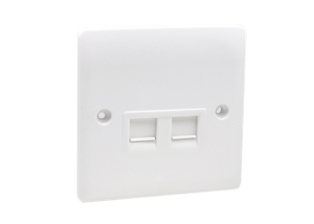 DATA OUTLET, TWIN RJ 45 SOCKETS, CAT 6 - UTP PORTS, (86mmX86mm Size), SHUTTERED CONTACTS. WHITE. CE MARK. 

<br><font color="yellow">Notes: </font> 
<BR> <font color="yellow">*</font> Data outlet mounts on European, British wall boxes with 60mm (60.3mm) centers.
<br><font color="yellow">*</font> View # 72350X47D, 72350X35D, 72350X25D, 72350-F, 72360, 72360-RED wall box series. Not for use with # 77190 wall box.
<br><font color="yellow">*</font> Weatherproof cover available, IP55 rated # 74790-A.
<BR><font color="yellow">*</font> Weatherproof enclosure available # 74790X45 (IP66 rated).  