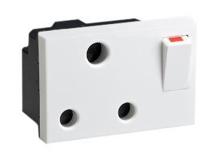 SOUTH AFRICA 15 AMPERE-250 VOLT POWER OUTLET, 67.5mmX45mm MODULAR SIZE, <font color="yellow"> TYPE M </font> SANS 164-1, BS 546, (UK2-15R), SHUTTERED CONTACTS, ON/OFF SWITCH, 2 POLE-3 WIRE GROUNDING (2P+E). WHITE. 

<br><font color="yellow">Notes: </font> 
<br><font color="yellow">*</font> Mounts on South Africa / American 2X4 wall boxes, requires frame # 79170X45-N & # 79180X45-N wall plate (White, SS). 
<br> <font color="yellow">*</font> Mounts on South Africa / American 4X4 wall boxes, requires frame # 79210X45-N & # 79220X45-N wall plate (White, SS) & blank 79590X45.
<br><font color="yellow">*</font> Mounts on European wall boxes (121mm on center), requires frame # 730093X45.
<br><font color="yellow">*</font> Surface mount Insulated wall boxes # 680603X45 series. Surface mount Metal wall boxes # 79280X45 series.
<br><font color="yellow">*</font> Surface mount weatherproof, IP66 rated. Requires frame # 730093X45 & # 74792X45 wall box.
<br><font color="yellow">*</font> Complete range of modular devices and mounting component options. <a href="https://www.internationalconfig.com/modular_electrical_devices.asp" style="text-decoration: none">Modular Devices Link</a>
 <br><font color="yellow">*</font> Wall plates, boxes, outlets, switches, modular GFCI/RCD and circuit breakers are listed below. Scroll down to view.


  