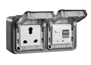 SOUTH AFRICA 16 AMPERE-230 VOLT GFCI (RCBO/RCD) OUTLET, BS 546 / <font color="yellow">TYPE M</font> (UK1-15R), 6 AMPERE-250 VOLT OUTLET, <font color="yellow">TYPE D</font> (UK3-5R), 50/60 Hz, <font color="yellow">30mA TRIP</font>, SHUTTERED CONTACTS, 2 POLE-3 WIRE GROUNDING (2P+E), IP55 RATED WEATHERPROOF BOX AND COVER, (GLAND TYPE CABLE ENTRY <font color="yellow">**</font>), HORIZONTAL SURFACE MOUNT. GRAY. 
<br><font color="yellow">Notes: </font> 
<BR><font color="yellow">*</font> BIS [Bureau of India Standards] Approved Outlet. <BR><font color="yellow">*</font> Accepts South Africa 25A-250V, 16A-250V type M, 6A-250V type D plugs.  
<BR><font color="yellow">**</font> <font color="Orange"> M20 "Hub Entry" designs and IP66 rated versions available.</font> GFCI (RCBO/RCD) outlets are available for all countries.
<br><font color="yellow">*</font> South Africa power cords, outlets, GFCI-RCD receptacles, sockets, plug adapters listed below in related products. Scroll down to view.



  