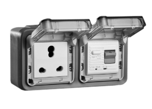 SOUTH AFRICA 16 AMPERE-230 VOLT GFCI (RCBO/RCD) OUTLET, BS 546 / <font color="yellow">TYPE M</font> (UK1-15R), 6 AMPERE-250 VOLT OUTLET, <font color="yellow">TYPE D</font> (UK3-5R), 50/60 Hz, <font color="yellow">10mA TRIP</font>, SHUTTERED CONTACTS, 2 POLE-3 WIRE GROUNDING (2P+E), IP55 RATED WEATHERPROOF BOX AND COVER, (GLAND TYPE CABLE ENTRY <font color="yellow">**</font>), HORIZONTAL SURFACE MOUNT. GRAY. 
<br><font color="yellow">Notes: </font> 
<BR><font color="yellow">*</font> BIS [Bureau of India Standards] Approved Outlet. <BR><font color="yellow">*</font> Accepts South Africa 25A-250V, 16A-250V type M, 6A-250V type D plugs.  
<BR><font color="yellow">**</font> <font color="Orange"> M20 "Hub Entry" designs and IP66 rated versions available.</font> GFCI (RCBO/RCD) outlets are available for all countries.
<br><font color="yellow">*</font> South Africa power cords, outlets, GFCI-RCD receptacles, sockets, plug adapters listed below in related products. Scroll down to view.



  

  

 