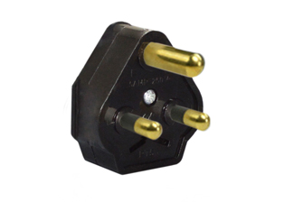 SOUTH AFRICA PLUG, 5/6 AMPERE-250 VOLT, <font color="yellow"> TYPE D </font> PLUG, SANS 164-3, BS 546 (UK3-5P), REWIREABLE PLUG, 2 POLE-3 WIRE GROUNDING (2P+E). BLACK. 

<br><font color="yellow">Notes: </font> 
<br><font color="yellow">*</font> Type D plugs connect with South Africa 5A/6A- 250 volt outlets.
<br><font color="yellow">*</font> South Africa power cords, outlets, GFCI-RCD receptacles, sockets, plug adapters listed below in related products. Scroll down to view.