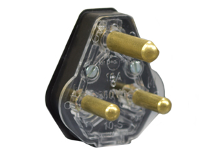 SOUTH AFRICA PLUG, 16 AMPERE-250 VOLT, TYPE M PLUG, SANS 164-4 (SA5-16P), REWIREABLE <font color="yellow">DEDICATED CIRCUIT </font> PLUG, 2 POLE-3 WIRE GROUNDING (2P+E), O.D. CORD GRIP = 9.5mm (0.374") DIA., BLACK. SABS APPROVED. 

<br><font color="yellow">Notes: </font> 
<br><font color="yellow">*</font> #73460-BLK "dedicated" plug connects with #73406 black color "dedicated" outlets only. Plug will not connect with South Africa red color or blue color "dedicated" outlets.
<br><font color="yellow">*</font> Typical "dedicated circuit" plug, outlet applications are listed below:
<BR>Red Color: Safe, Local Network, Independent of Standard power supply, Clean earth wiring system.
<BR>Blue Color: Local Network with uninterrupted power supply.