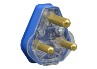 SOUTH AFRICA PLUG, 16 AMPERE-250 VOLT, TYPE M PLUG, SANS 164-4 (SA4-16P), REWIREABLE <font color="yellow">DEDICATED CIRCUIT </font> PLUG, 2 POLE-3 WIRE GROUNDING (2P+E), O.D. CORD GRIP = 9.5mm (0.374") DIA., BLUE. SABS APPROVED.  

<br><font color="yellow">Notes: </font> 
<br><font color="yellow">*</font> #73460-BLU "dedicated" plug connects with #73405 blue color "dedicated" outlets and standard South Africa 16A-250V SANS 164-1 type M outlets. Plug will not connect with South Africa red color or black color "dedicated" outlets.
<br><font color="yellow">*</font> Typical "dedicated circuit" plug, outlet applications are listed below:
<BR>Red Color: Safe, Local Network, Independent of Standard power supply, Clean earth wiring system.
<BR>Blue Color: Local Network with uninterrupted power supply.
<BR>Black Color: Isolated power supply with clean system earth, and/or circuit that runs through a 1:1 isolating transformer.