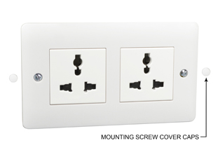 UNIVERSAL INTERNATIONAL, EUROPEAN, BRITISH, AUSTRALIA, ASIA, THAILAND <font color="yellow">MULTI-CONFIGURATION</font> 13 AMPERE-250 VOLT DUPLEX OUTLET, BS 1363 TYPE G (UK1-13R), 86mmX146mm SIZE, SHUTTERED CONTACTS, 2 POLE-3 WIRE GROUNDING (2P+E). WHITE. 

<br><font color="yellow">Notes: </font> 
<BR> <font color="yellow">*</font> Outlet mounts on European, British wall boxes with 120mm (120.6mm) centers.
<br><font color="yellow">*</font> View #72355X47D, 72355X35D, 72355X25D, 72355-F, 72365, 72365-RED wall box series.
<br><font color="yellow">*</font> Weatherproof cover available, IP44 rated #74790-DX.
<BR><font color="yellow">*</font> Weatherproof enclosure available #74792X45 (IP66 rated). Cover closes over (down angle) type plugs (Not all plug variations).
<br><font color="yellow">*</font> Mating European, British, International plugs listed on dimensional data print.
<br><font color="yellow">*</font> Plug adapter #30140 available. Adapter provides "Earth" grounding connection for European CEE 7/7, CEE 7/4 Schuko plugs.
<br><font color="yellow">*</font> Universal outlets, GFCI outlets, socket strips, wall boxes, plug adapters are listed below in related products. Scroll down to view.

