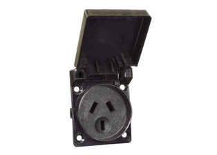 AUSTRALIA, NEW ZEALAND, CHINA 10 AMPERE-250 VOLT PANEL OR WALL BOX MOUNT OUTLET (WITH GASKET), AS/NZS 3112 TYPE I (AU1-10R),  WEATHERPROOF IP44 RATED, 2 POLE-3 WIRE GROUNDING (2P+E). BLACK.

<br><font color="yellow">Notes: </font> 
<br><font color="yellow">*</font> Stainless steel wall plates #97120-BZ and #97120-DBZ mounts outlet onto standard American 2x4 and 4x4 wall boxes.
<br><font color="yellow">*</font> Not for use with #70125 wall box.
<br><font color="yellow">*</font> Optional panel mount terminal shield #70127 available.
<br><font color="yellow">*</font> Australia, New Zealand plugs, outlets, connectors, power cords, socket strips, GFCI (RCD) outlets are listed below in related products. Scroll down to view.