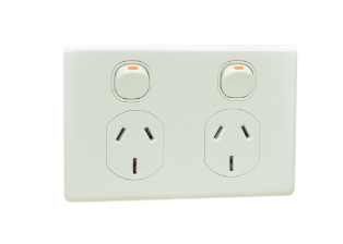 AUSTRALIAN DUPLEX OUTLET TYPE I, 10 AMPERE-250 VOLT (AU1-10R). HORIZONTAL MOUNT, DOUBLE POLE ON/OFF SWITCHES, INTEGRAL WALL PLATE, 2 POLE-3 WIRE GROUNDING (2P+E). WHITE. 

<br><font color="yellow">Notes: </font> 
<br><font color="yellow">*</font> Mounts on American 2x4 wall boxes & International wall boxes with 39/32" (83mm / 84mm) mounting centers.
<br><font color="yellow">*</font> Surface mounts on # 74225, # 84225-AR wall boxes or panel mount.

<br><font color="yellow">*</font> Australia TUV approved building wire/cable #<a href="https://internationalconfig.com/icc6.asp?item=CNCP07AA002">CNCP07AA002</a>.
<br><font color="yellow">*</font> Scroll down to view related power cords, plugs, power strips, GFCI sockets, plug adapters.
