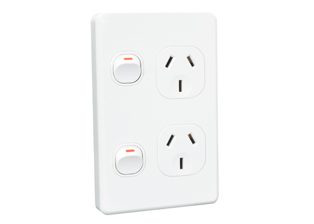 AUSTRALIA / NEW ZEALAND 10 AMPERE-250 VOLTS DUPLEX OUTLET TYPE I, AS/NZS 4417, RCM MARK, AS/NZS 3112, (AU1-10R), SINGLE POLE ON/OFF SWITCHES, INTEGRAL WALL PLATE, 2 POLE-3 WIRE GROUNDING (2P+E). WHITE.

<br><font color="yellow">Notes: </font> 
<br><font color="yellow">*</font> Vertical mount on American 2x4 wall boxes, surface mount on #84225-AR, #74225 wall boxes.
<br><font color="yellow">*</font> Australia TUV approved building wire/cable #<a href="https://internationalconfig.com/icc6.asp?item=CNCP07AA002">CNCP07AA002</a>.
<br><font color="yellow">*</font> Scroll down to view related power cords, plugs, power strips, GFCI sockets, plug adapters.
