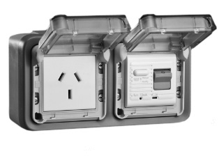 AUSTRALIAN / NEW ZEALAND 10 AMPERE-230 VOLT RCD/RCBO (GFCI) OUTLET (AU1-10R), 50/60 Hz, (10mA TRIP), 2 POLE-3 WIRE GROUNDING (2P+E). HORIZONTAL SURFACE MOUNT IP55 WEATHERPROOF BOX AND COVER. 

<br><font color="yellow">Notes: </font> 
<br><font color="yellow">*</font> Operating temp = -5C to +40C.
<br><font color="yellow">*</font> Terminal torque = 0.08Nm.
