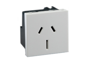 AUSTRALIA, NEW ZEALAND 15 AMPERE-240 VOLT AS/NZS 3112, AS/NZS 4417, (AU2-15R) MODULAR TYPE PANEL/WALL BOX MOUNT TYPE I OUTLET, 45mmx45mm SIZE, SHUTTERED CONTACTS, 2 POLE-3 WIRE GROUNDING (2P+E). WHITE.  

<br><font color="yellow">Notes: </font> 
<br><font color="yellow">*</font> Outlet accepts 10 Amp and 15 Amp Australian / New Zealand plugs.
<br><font color="yellow">*</font> Mounts on American 2X4 wall boxes, requires frame # 79120X45-N & # 79130X45-N wall plate (White, Black, ALU, SS). 
<br> <font color="yellow">*</font> Mounts on American 4X4 wall boxes, requires frame # 79210X45-N & # 79220X45-N wall plate (White, SS).<br><font color="yellow">*</font> Mounts on European wall boxes (60mm on center), requires frame # 79250X45-N & wall plate # 79265X45-N.
<br><font color="yellow">*</font> Surface mount insulated wall boxes # 680602X45 series. Surface mount Metal wall boxes # 79235X45 series.
<br><font color="yellow">*</font> Surface mount weatherproof, IP66 rated. Requires frame # 730092X45 & # 74790X45 wall box.
<br><font color="yellow">*</font> Panel mount frames # 79100X45, # 79100X45-ALU. DIN rail mount Frame # 79595X45. <a href="https://www.internationalconfig.com/catalog_pages/pg94.pdf" style="text-decoration: none" target="_blank"> Panel Mount Instruction Guide</a>
<br><font color="yellow">*</font> Complete range of modular devices and mounting component options. <a href="https://www.internationalconfig.com/modular_electrical_devices.asp" style="text-decoration: none">Modular Devices Link</a>
 <br><font color="yellow">*</font> Wall plates, boxes, outlets, switches, modular GFCI/RCD and circuit breakers are listed below. Scroll down to view.

