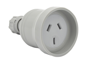 AUSTRALIA / NEW ZEALAND CONNECTOR, 10 AMPERE-250 VOLT REWIREABLE IN-LINE POWER CONNECTOR (AU1-10R) (AS/NZS 4417 (RCM), AS/NZS 3112), 2 POLE-3 WIRE GROUNDING (2P+E). GRAY. 

<br><font color="yellow">Notes: </font> 
<br><font color="yellow">*</font> Connector accepts 10 Ampere Australian / New Zealand plugs.
<br><font color="yellow">*</font> Compression type strain relief. Terminal screw torque = 0.6Nm.
<br><font color="yellow">*</font> Related plugs, outlets, GFCI sockets, power cords, power strips, adapters listed below. Scroll down to view.
