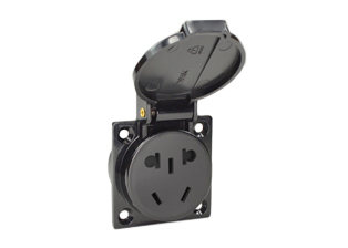 CHINA 10 AMPERE-250 VOLT WEATHERPROOF (IP44 RATED COVER CLOSED) PANEL OR WALL BOX MOUNT OUTLET WITH GASKET (CH1-10R), 2 POLE-3 WIRE GROUNDING, (2P+E), BLACK.

<br><font color="yellow">Notes: </font> 
<br><font color="yellow">*</font> Stainless steel wall plates #97120-BZ and #97120-DBZ mounts outlet onto standard American 2x4 and 4x4 wall boxes.
<br><font color="yellow">*</font> Not for use with #70125 wall box.
<br><font color="yellow">*</font> Optional panel mount terminal shield #70127 available.
<br><font color="yellow">*</font> China plugs outlets, connectors, power cords, socket strips, GFCI (RCD) outlets are listed below in related products. Scroll down to view.
