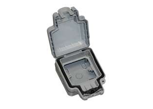 WEATHERPROOF SURFACE MOUNT <font color="yellow"> IP 66 RATED (COVER CLOSED**) </font>ENCLOSURE, IMPACT RESISTANT. GRAY.

<BR> <font color="yellow"> Notes:</font> 
<BR><font color="yellow">*</font> Enclosure accepts #72300-S-10mA GFCI / RCD Outlet.
<BR><font color="yellow">*</font> Weatherproof cover 74790-B1 designed to maintain IP66 protection rating while in use.  
<BR><font color="yellow">*</font> Enclosure accepts <font color="yellow">(86mmX86mm size)</font> British, European, International sockets, switches with (60 mm) mounting centers.  
<BR><font color="yellow">*</font> Enclosure accepts modular outlets, switches. Requires # 730092X45, or # 730091X45 mounting frame / wall plate.
<BR><font color="yellow">**</font> Cover can be closed & locked over down angle plugs (not all angle plug variations). 
<BR><font color="yellow">*</font> M20 knockout type cable entries (expandable to M25) - 5 places (top, bottom, sides).
<BR><font color="yellow">*</font> M20 cutout type cable entry (expandable to M25) - 1 place (back).
<BR><font color="yellow">*</font> Material = UV stabilized PC, Temp. rating = -5C to +40C.
<BR><font color="yellow">*</font> Mating receptacles, sockets, outlets are listed below in related products. Scroll down to view.




  