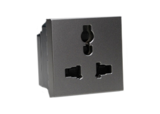 UNIVERSAL, INTERNATIONAL, EUROPEAN, BRITISH, AUSTRALIA , ASIA, THAILAND, 13A-250V, 15A-127V [MAX. RATINGS], MULTI-CONFIGURATION OUTLET, 45mmX45mm MODULAR SIZE, SHUTTERED CONTACTS, 2 POLE-3 WIRE GROUNDING [2P+E]. BLACK [MAGNESIUM COLOR]. 

<br><font color="yellow">Notes: </font> 
<br><font color="yellow">*</font> Plug adapter # 30140 provides  "Earth" [2P+E] grounding connection from European, German, French Schuko CEE 7/7, CEE 7/4 plugs when used with # 74900X45 outlet.
<br><font color="yellow">*</font> Mounts on American 2X4 wall boxes, requires frame # 79120X45-N & # 79130X45-N wall plate (White, Black, ALU, SS). 
<br> <font color="yellow">*</font> Mounts on American 4X4 wall boxes, requires frame # 79210X45-N & # 79220X45-N wall plate (White, SS).<br><font color="yellow">*</font> Mounts on European wall boxes (60mm on center), requires frame # 79250X45-N & wall plate # 79265X45-N.
<br><font color="yellow">*</font> Surface mount insulated wall boxes # 680602X45 series. Surface mount Metal wall boxes # 79235X45 series.
<br><font color="yellow">*</font> Surface mount weatherproof, IP66 rated. Requires frame # 730092X45 & # 74790X45 wall box.
<br><font color="yellow">*</font> Panel mount frames # 79100X45, # 79100X45-ALU. DIN rail mount Frame # 79595X45. <a href="https://www.internationalconfig.com/catalog_pages/pg94.pdf" style="text-decoration: none" target="_blank"> Panel Mount Instruction Guide</a>
<br><font color="yellow">*</font> Complete range of modular devices and mounting component options. <a href="https://www.internationalconfig.com/modular_electrical_devices.asp" style="text-decoration: none">Modular Devices Link</a>
 <br><font color="yellow">*</font> Wall plates, boxes, outlets, switches, modular GFCI/RCD and circuit breakers are listed below. Scroll down to view.